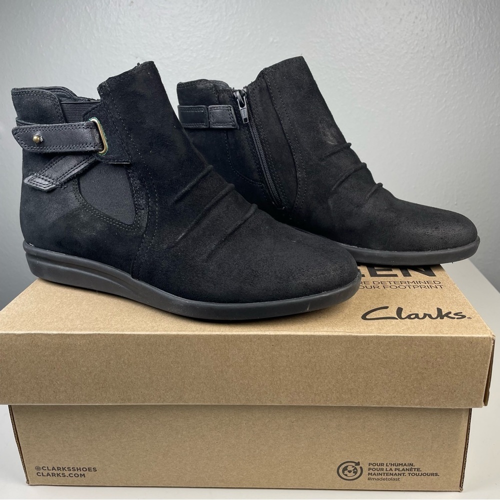 Clarks Womens Tamzen Mid Black Leather Ankle Round Toe Wedge Boots Shoes